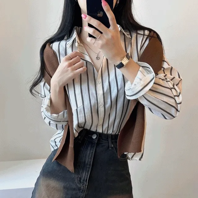 [가을무드/머플러세트!] 스트라이프,코튼 포켓 크롭 긴팔 셔츠 [5color]