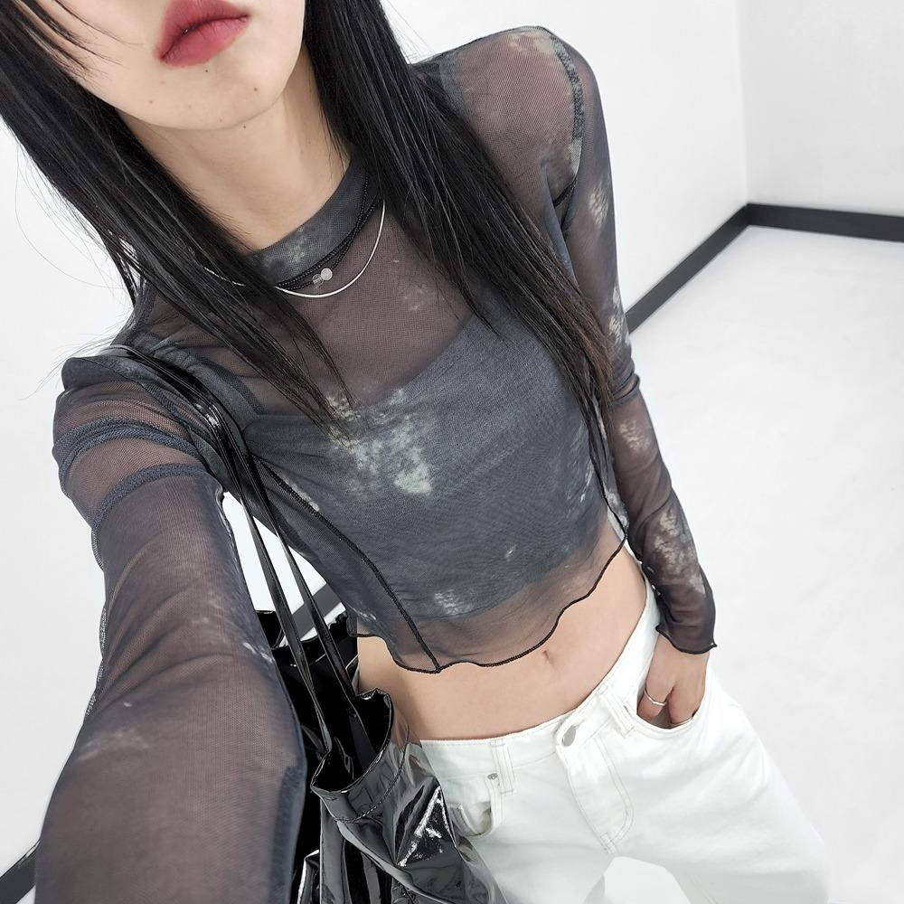 타이다이 레이어드 시스루 망사 긴팔 크롭티셔츠