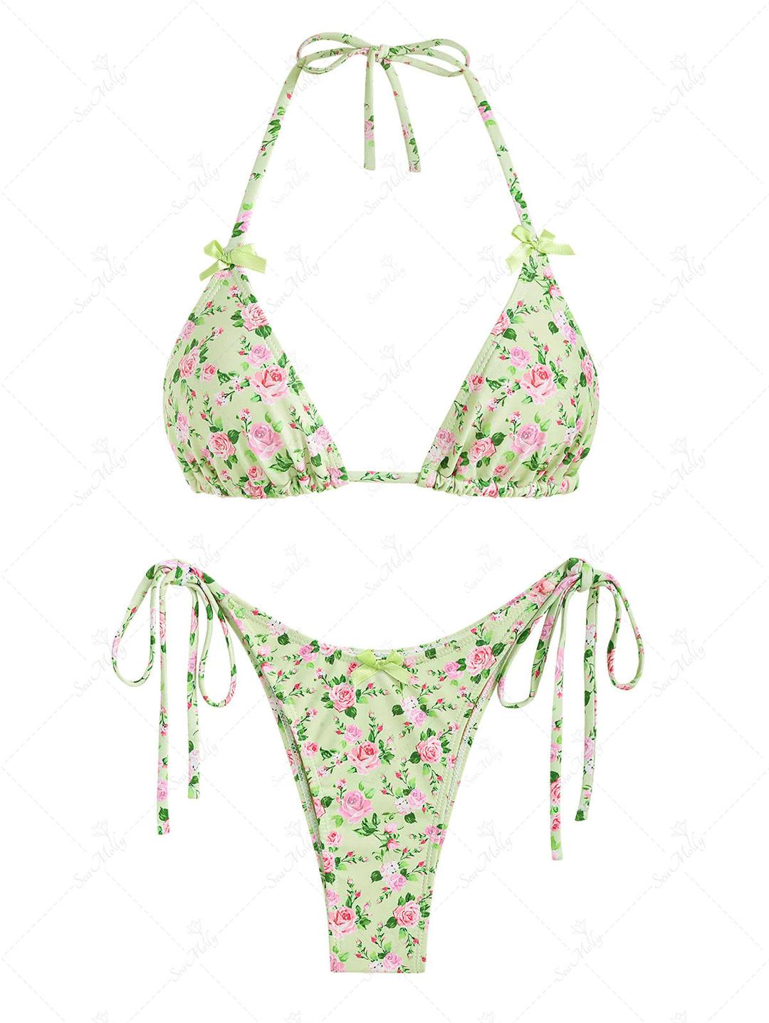 Bow Decor Tiny Floral Halter Tanga Tie Side String Triangle Bikini Set