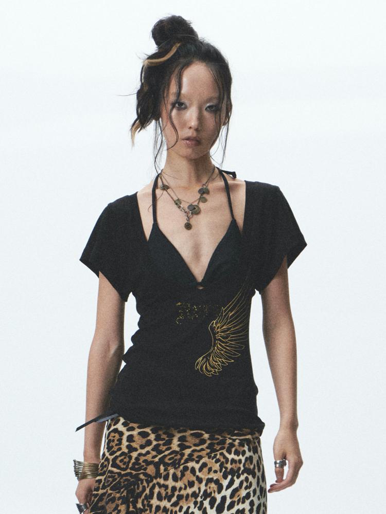 NONAME SPACE Gold flocking print slim short sleeve t-shirt