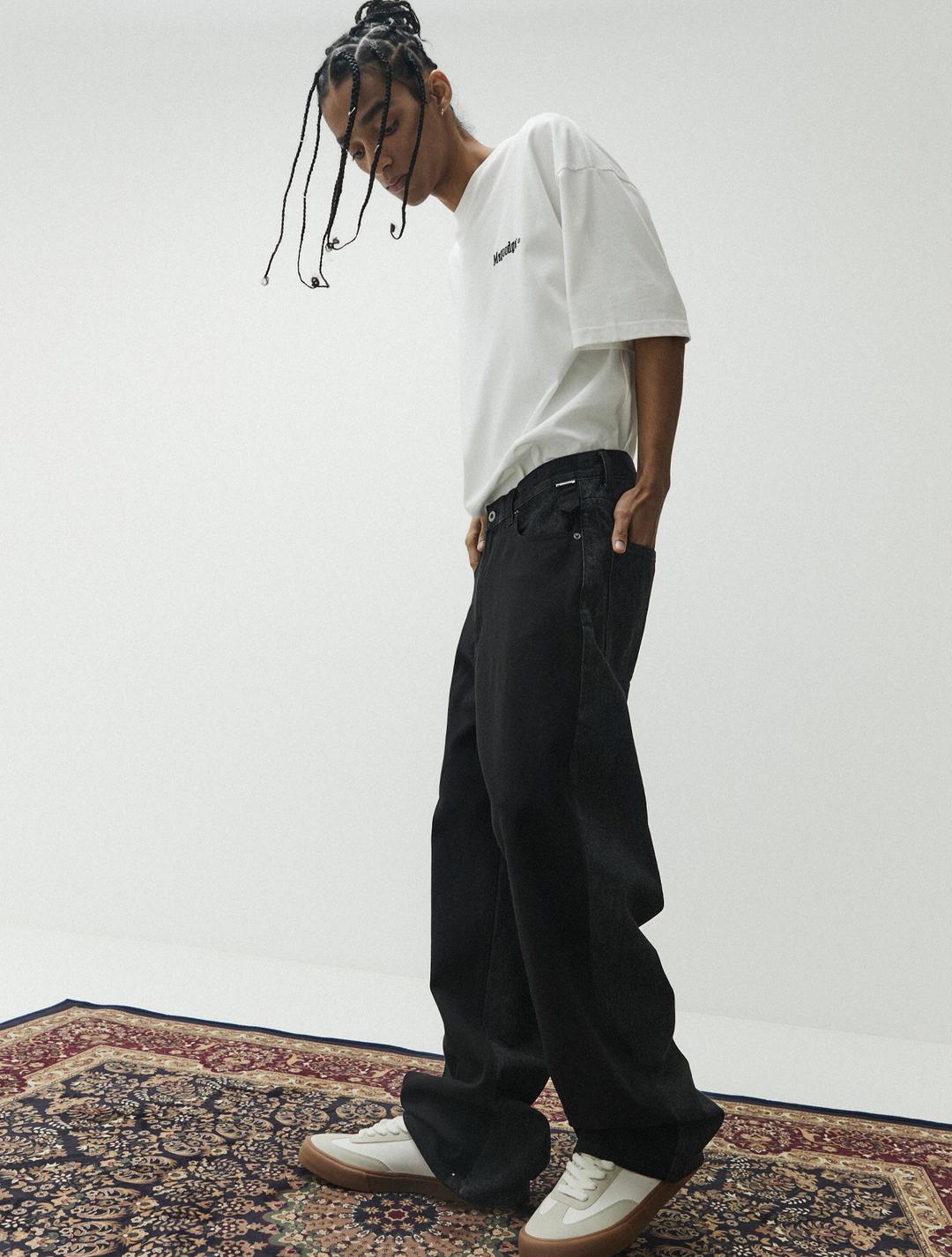 파번 7524  배색 와이드핏 블랙 데님팬츠