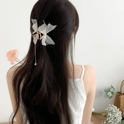 ෆ당일출고! MD추천,여리여리ෆ요정 진주 드롭 오간자 쉬폰 리본 집게핀 3color / 쉬폰 리본꼬임 헤어핀집게핀 집게핀 메탈집게핀 머리핀 헤어핀 왕리본핀