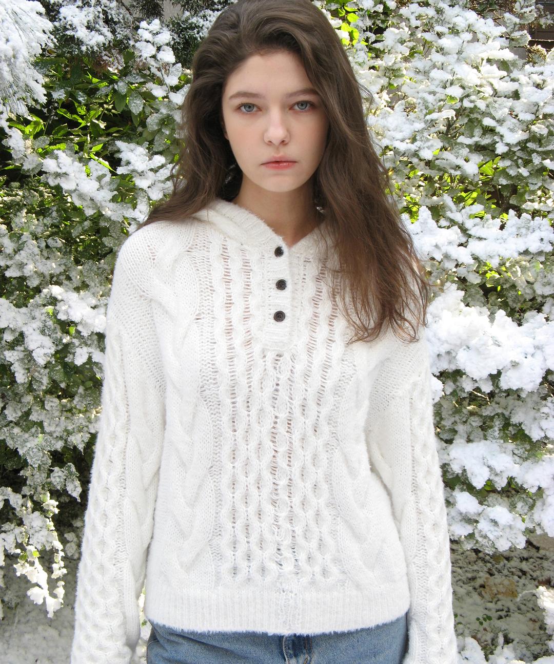 [11/11 8:00pm Coming soon] Margaret Cable Knit Hoodie ( White )