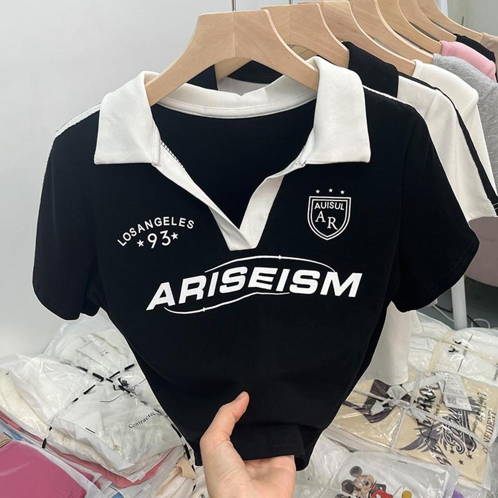 여성 여름 폴로 카라 크롭 탑 반팔 티셔츠