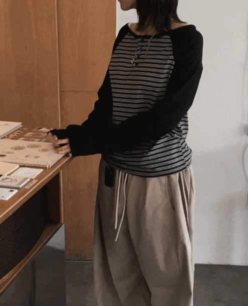 미즈 버튼 래글런 스트라이프 티셔츠 (3color)