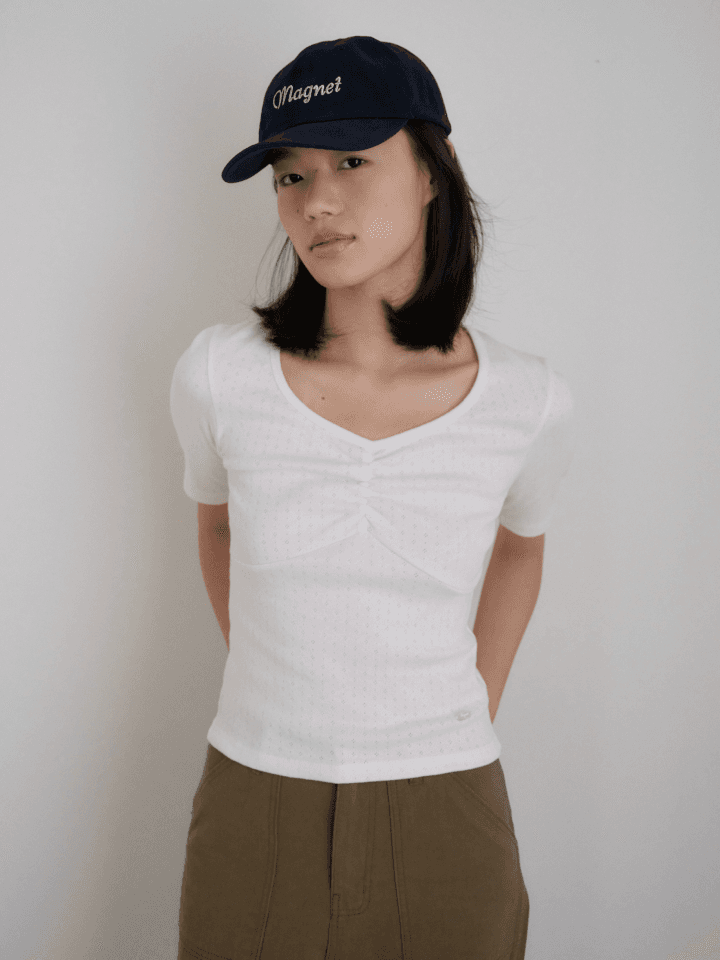 Shirring V-Neck Half Tee (Ivory)