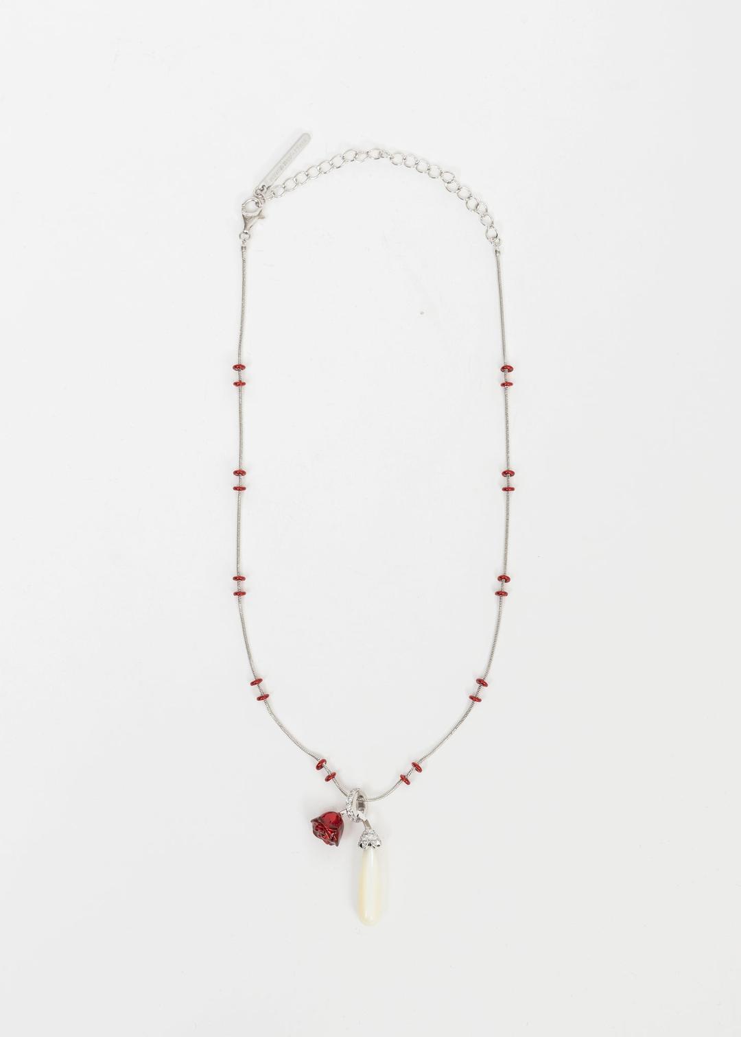 Pearl Drop Sleeping Red Rose Snake Bone Necklace - OS / Multi