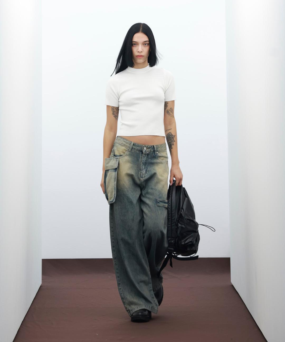 85-VIVAJ067 Vintage Washing Pocket Carpenter Wide Denim Pants Vintage Blue