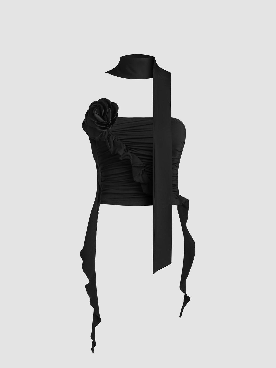 로제트 러플 헴 셔링 크롭 탑