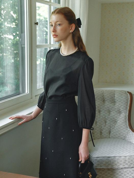 SABINE Organza velvet ribbon blouse (Ivory/Black)