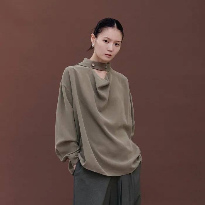 Asymmetric Drape Collar Shirt - Beige Brown