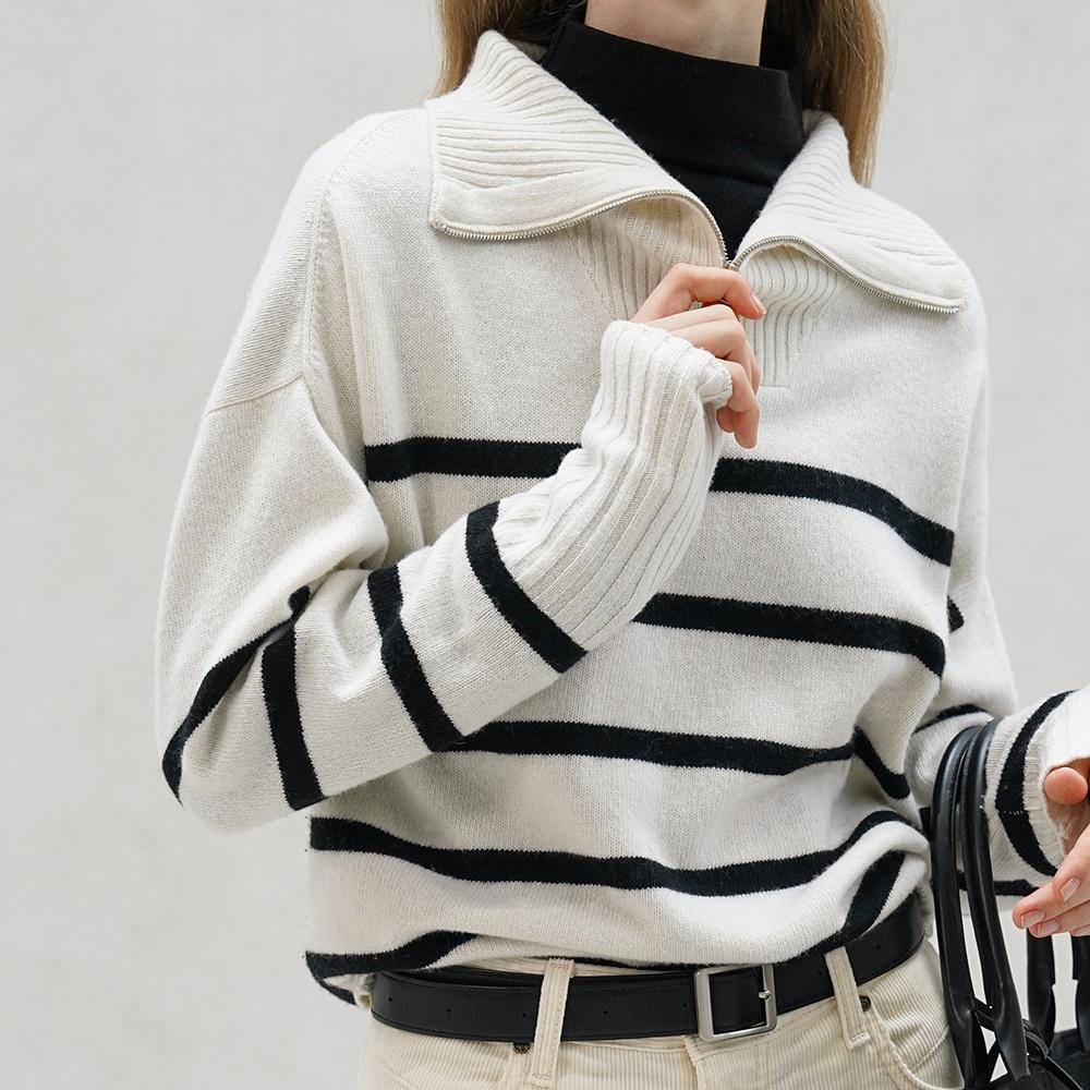 [웬디 착용/5차] 스트라이프 하프 집업 니트 (Black)