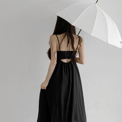 [휴양지룩/어깨끈조절] 백리스 셔링 롱 끈나시 원피스