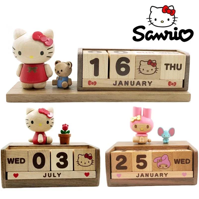 산리오 헬로 키티 빈티지 나무 영구 달력, 만화 귀여운 빌딩 블록 장난감, 사무실 데스크탑 액세서리, 생일 선물