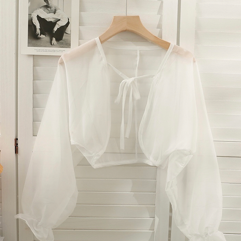 [여름가디건/러블리룩/바캉스룩] 봄/여름신상 긴팔 레이어드 시스루 쉬폰 리본 블라우스 휴가룩 볼레로 가디건 햇빛 차단 여름 셔츠 겉옷 잠바 비치웨어