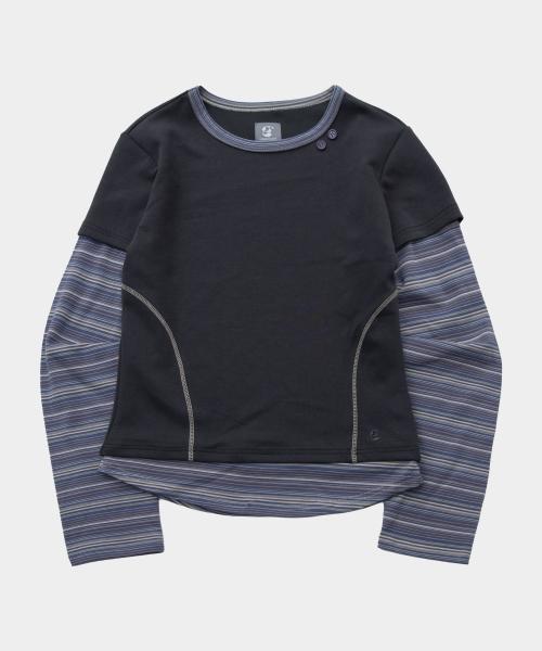 스트라이프 배색 스티치 포인트 레이어드 롱 슬리브 티셔츠 [차콜]