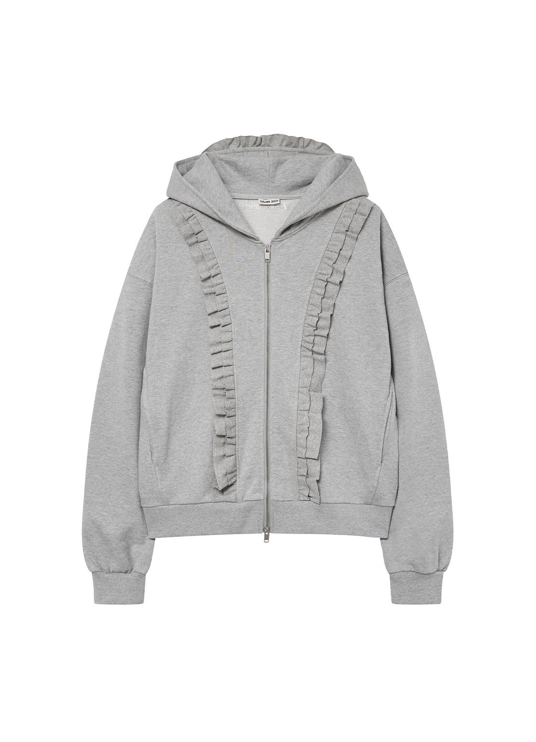 프릴 투웨이 후드 집업 - 멜란지 그레이