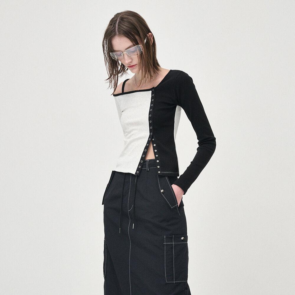 One Off Shoulder Snap T-Shirt, Melange White