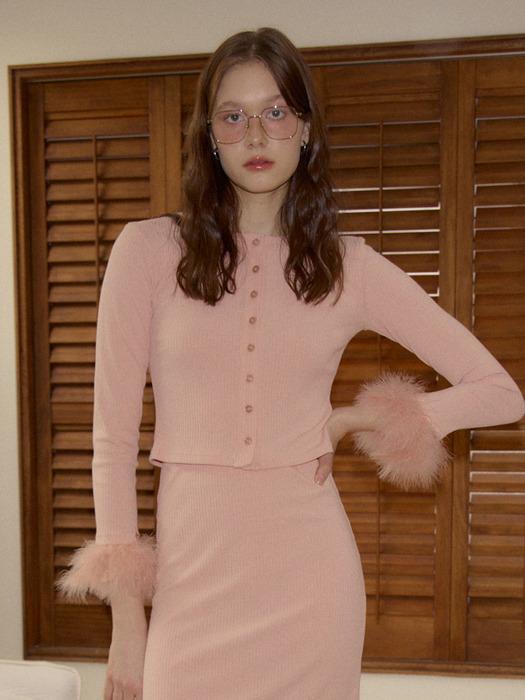 Fur Trimming Cardigan_ Peach