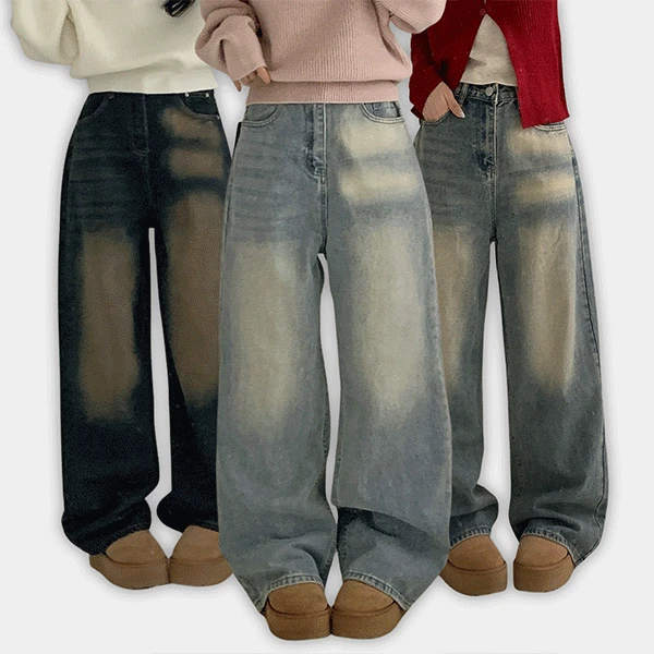 [색감깡패/핏보장💕] 유니크 빈티지 포켓 워싱 와이드 데님 팬츠 청바지
