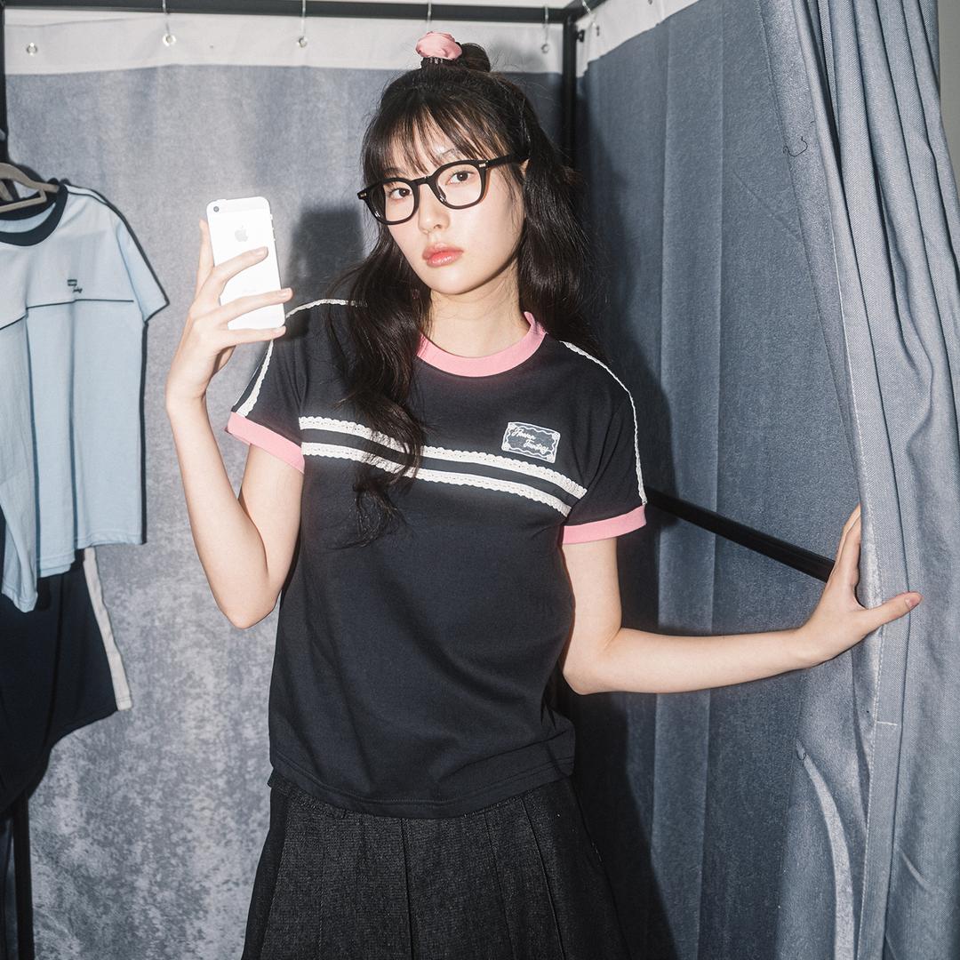 DOUBLE LACE S/S TEE(BLACK CHARCOAL)