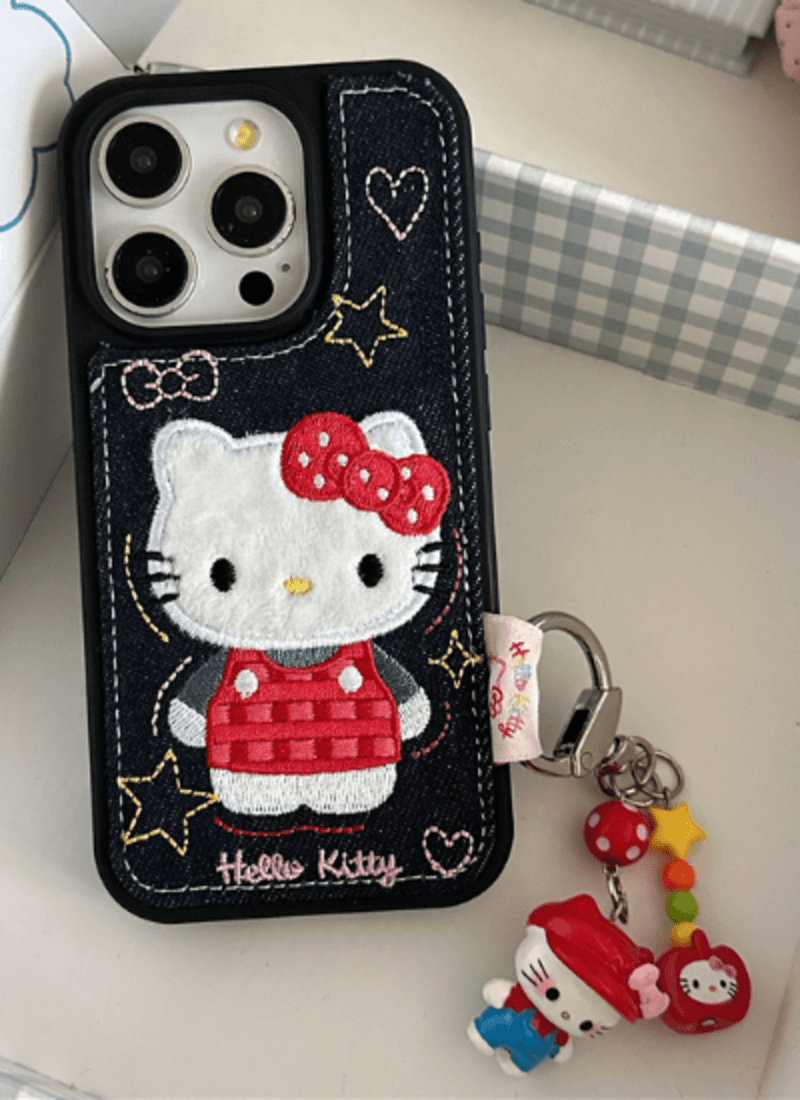 [배송비0원] 데님 자수 레드 체크 치마 키치 고양이 아이폰케이스