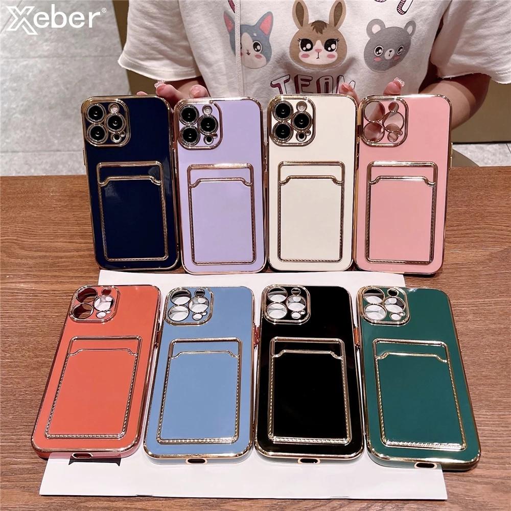 Luxury Plating Silicone Card Slot Holder Case For iPhone 14 11 12 13 Pro Max XS X XR 7 8 Plus SE Soft Wallet Shockproof Cover