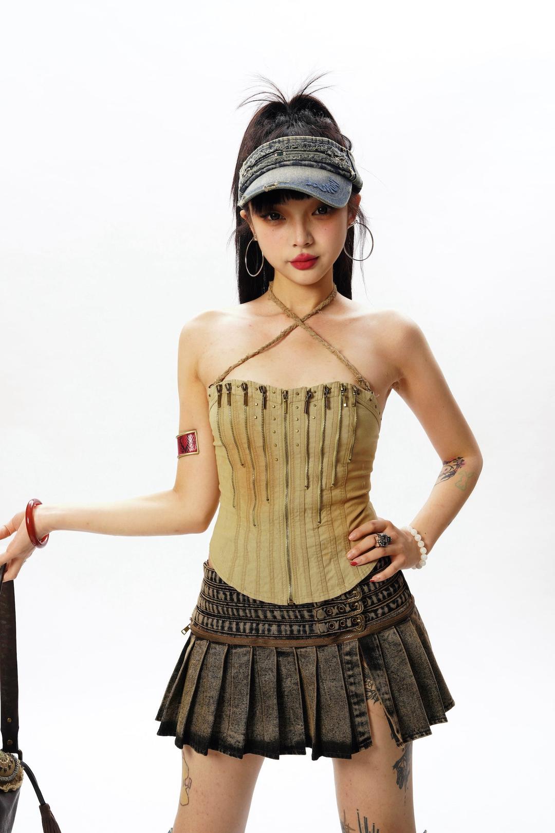 Green - Zippered Denim Corset