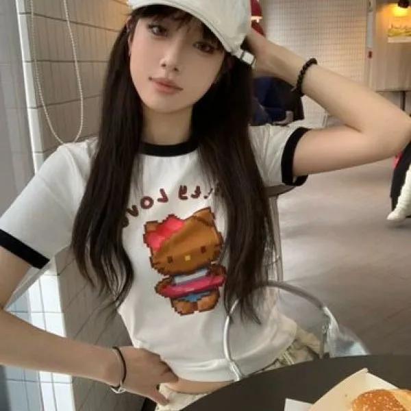 귀여운 캐릭터 프린트 라인배색 슬림핏 숏 반팔 크롭티ㅣ 흰티