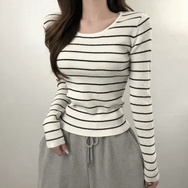 [슬림여리/데일리] 유넥 골지 세미크롭 니트 기본티 이너티 가을신상 스트라이프 (5color)