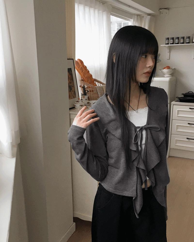 호븐 리본 스트랩 러플 프릴 긴팔 가디건