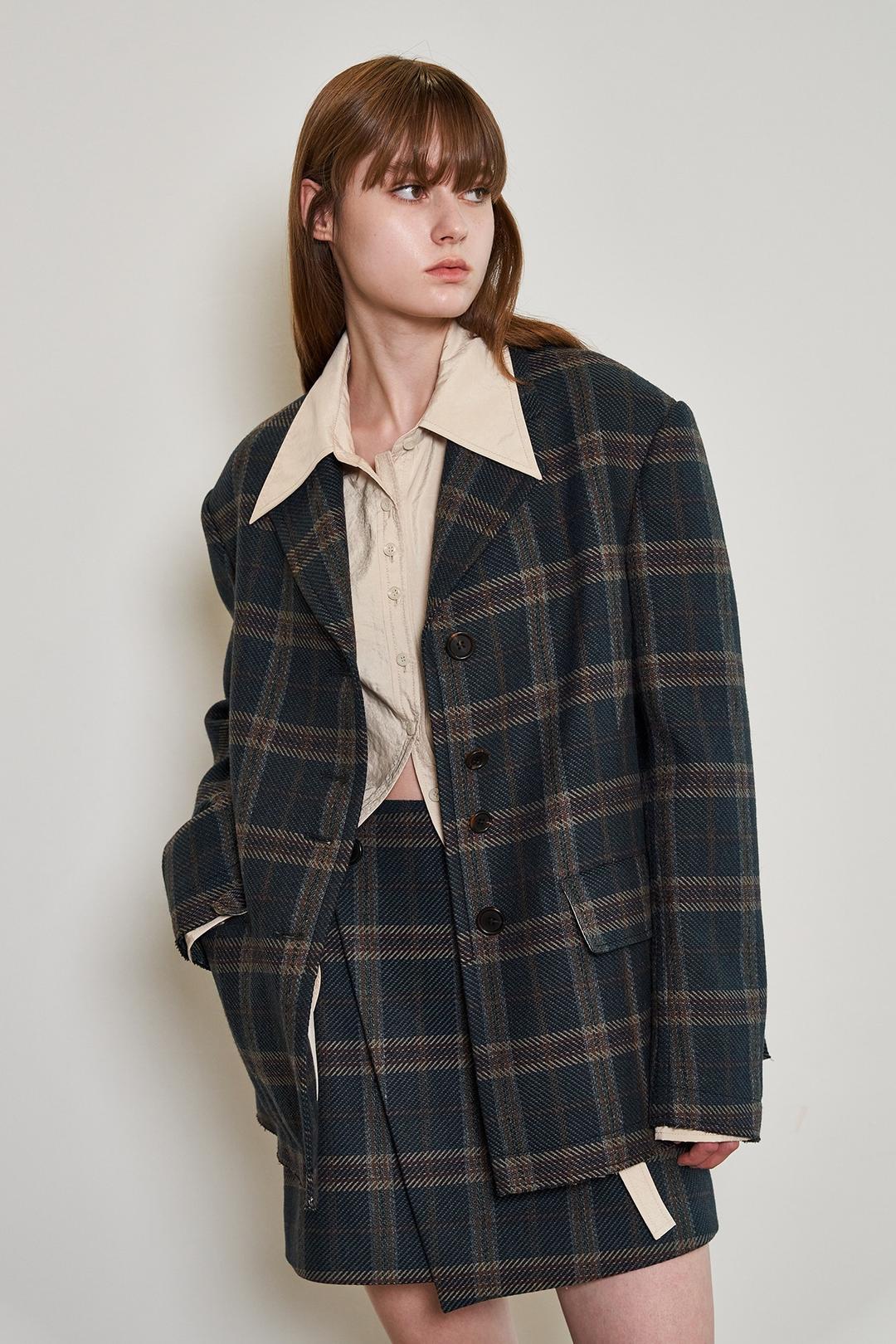 Oversized Tailored Checkered Single Jacket _Navy Check [ 10월 16일 예약배송 ]