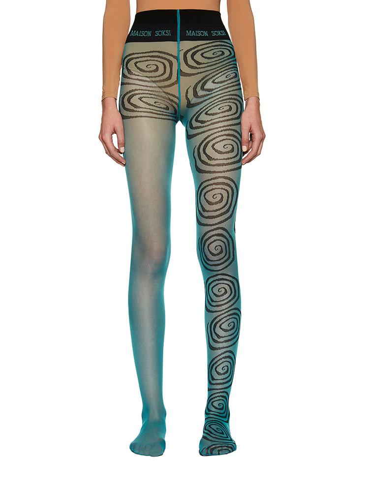 TURQUOISE BLUE BLACK WORMHOLE TIGHTS  메종 속시 터콰이즈 블루 블랙 웜홀 타이츠