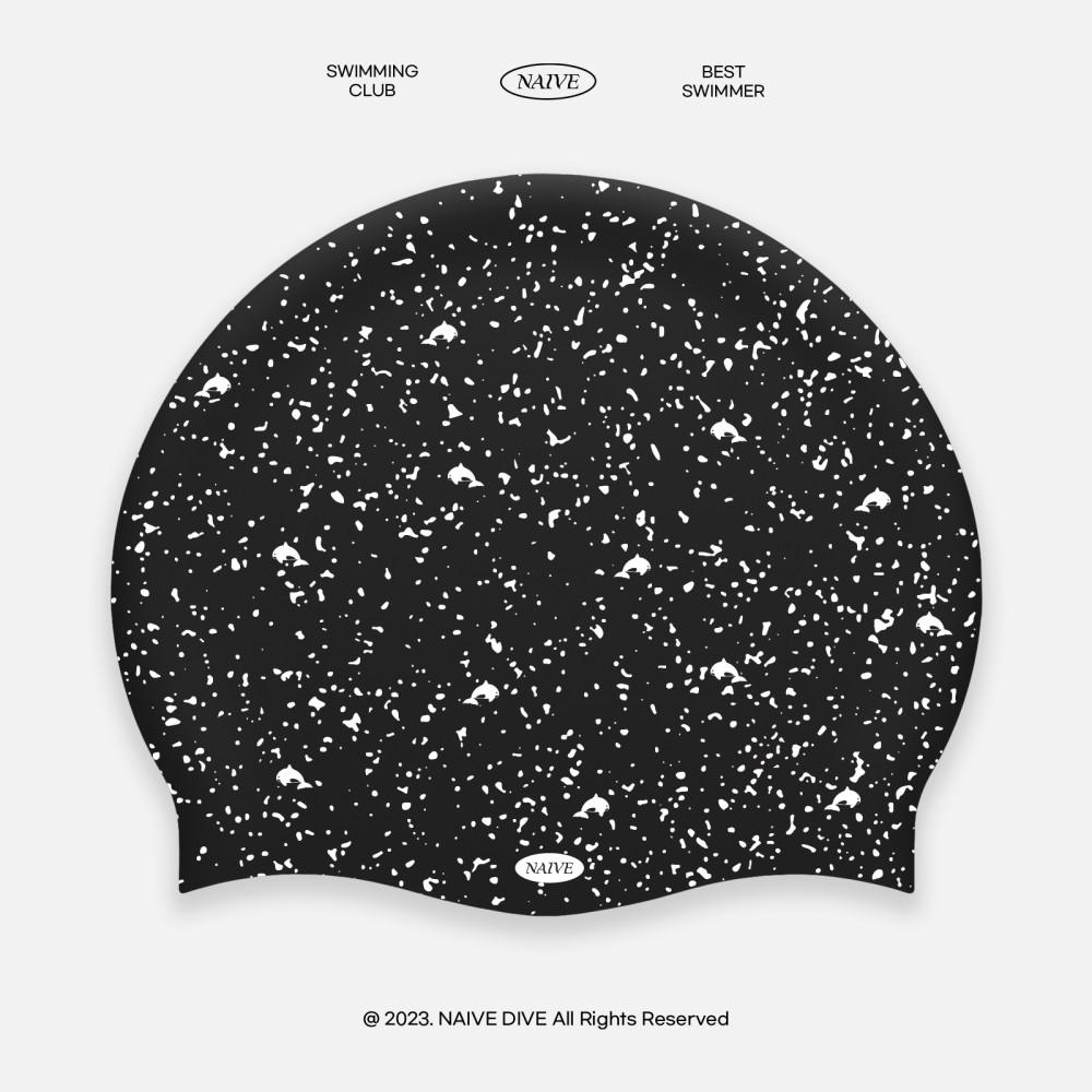 나이브다이브 숨은 고래 찾기 블랙 힙한 전면 프린팅 수모 고래 제작수모 실리콘 디자인 수영모자
