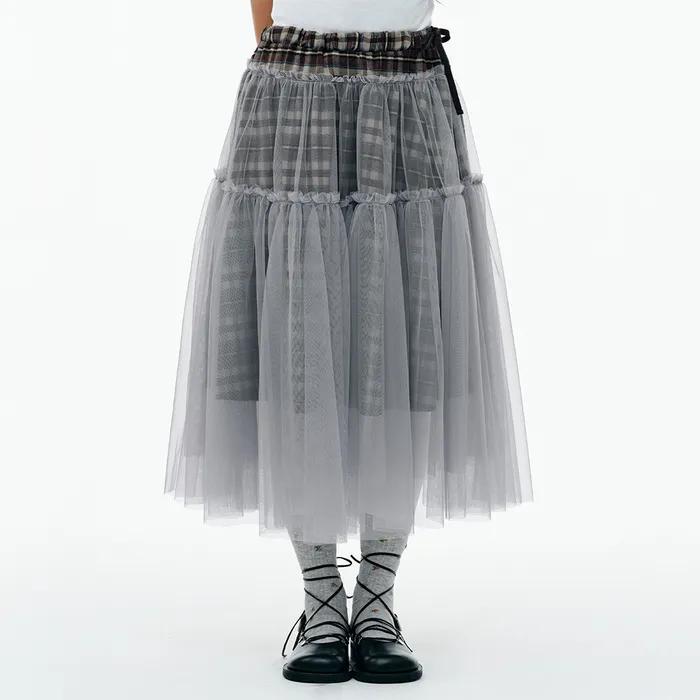 CHECK TULLE SKIRT [BROWN]