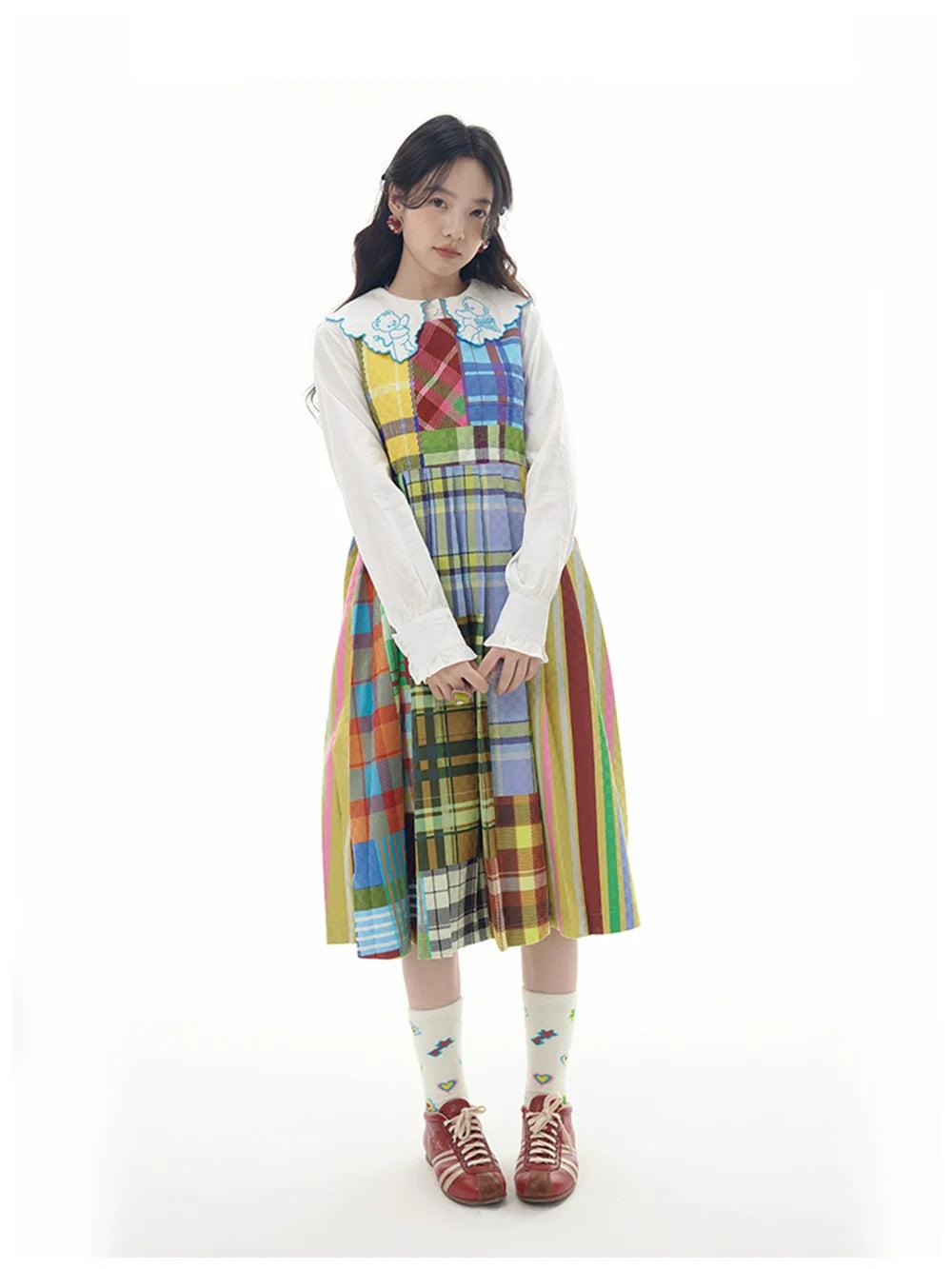 Rainbow Patchwork Plaid Sleeveless Tank Dress