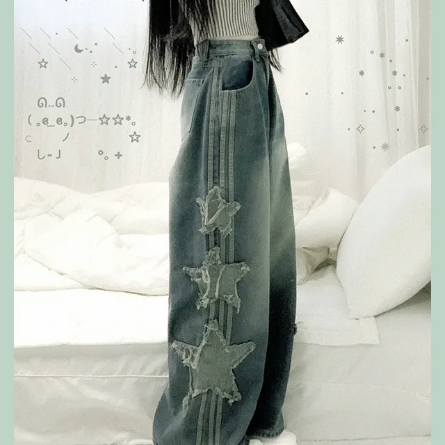그런지 스타 패치 트랙 사이드 라인 빈티지 캣 워싱 데님 와이드 팬츠 (y2k 스트릿 디테일 별 포인트 데미지 데일리 일자 베이직 통 레트로 뉴트로 봄신상 세줄바지 삼선 청바지)