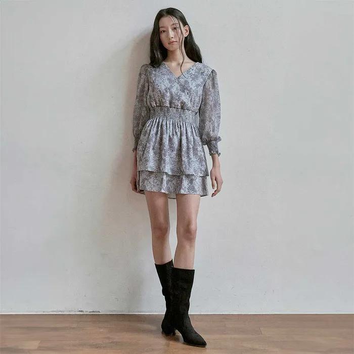 Romantic smocked tiered mini dress (Blue gray)