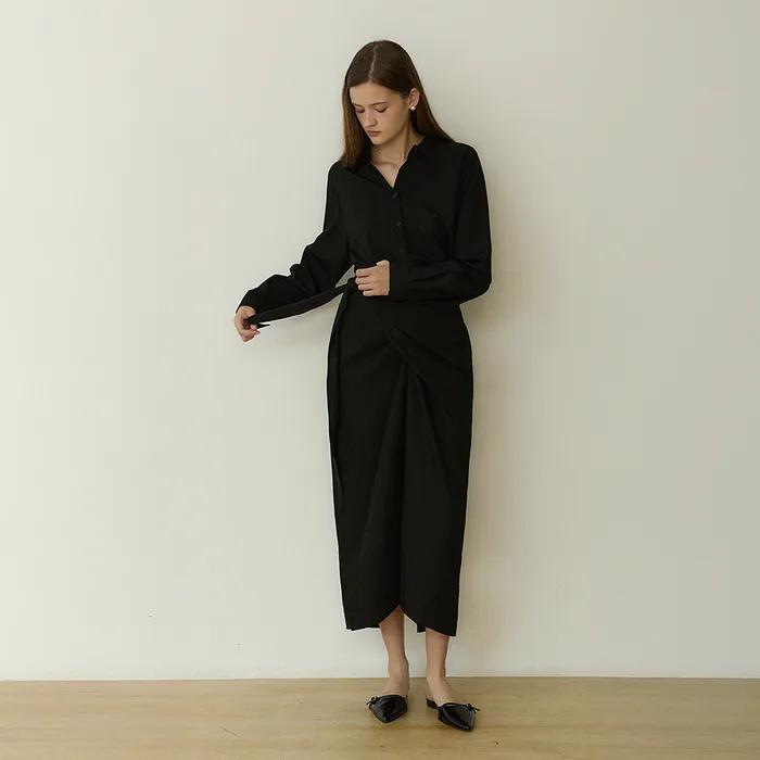 Modern shirts collar lap long dress - black