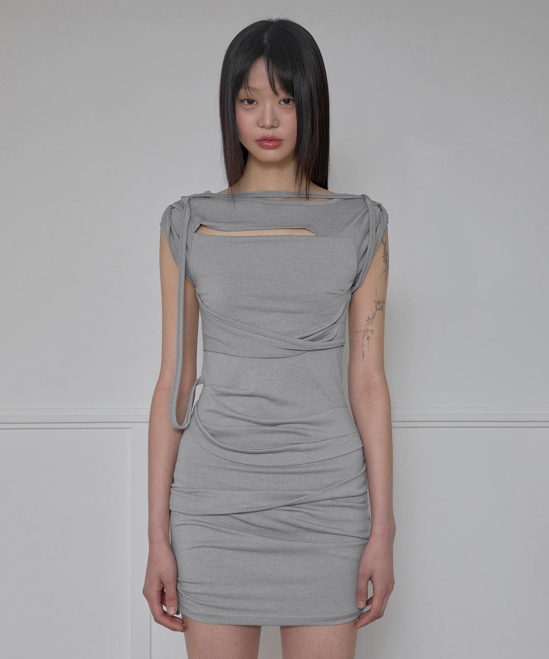 Asymmetrical Draped Strap Roll-Up Dress (FL-171_Gray)
