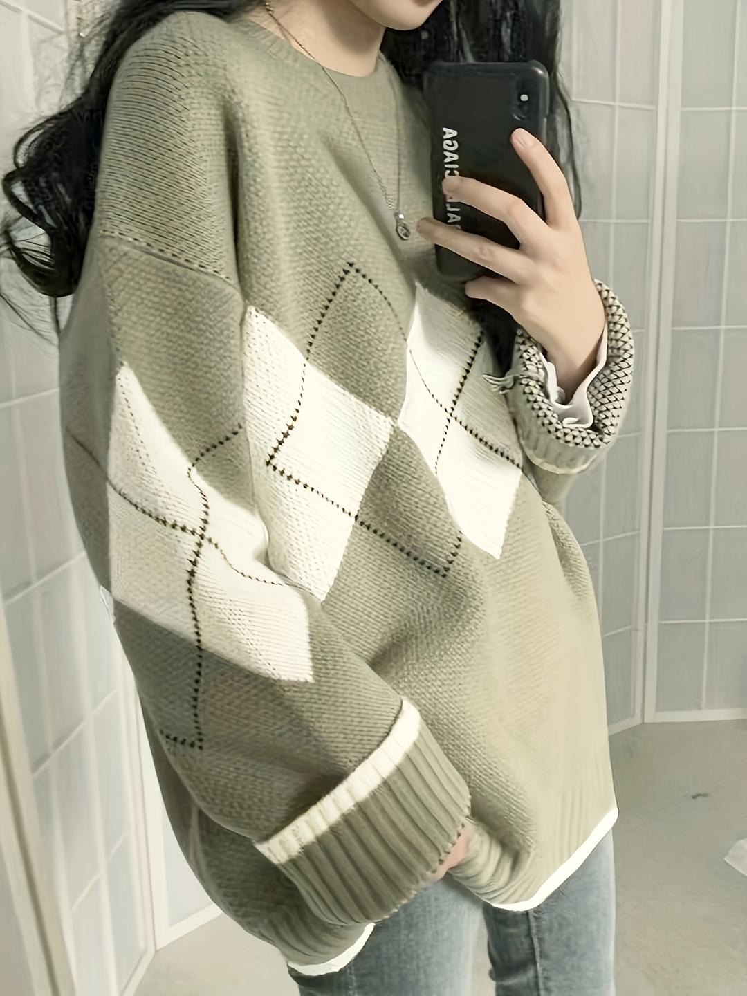 아가일 패턴 크루 넥 풀오버 스웨터, 빈티지 롱 슬리브 루즈 스웨터, 여성 의류