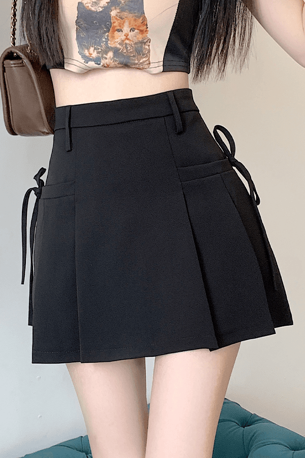 마야 사이드 리본 스트랩 주름 치마 A라인 스커트