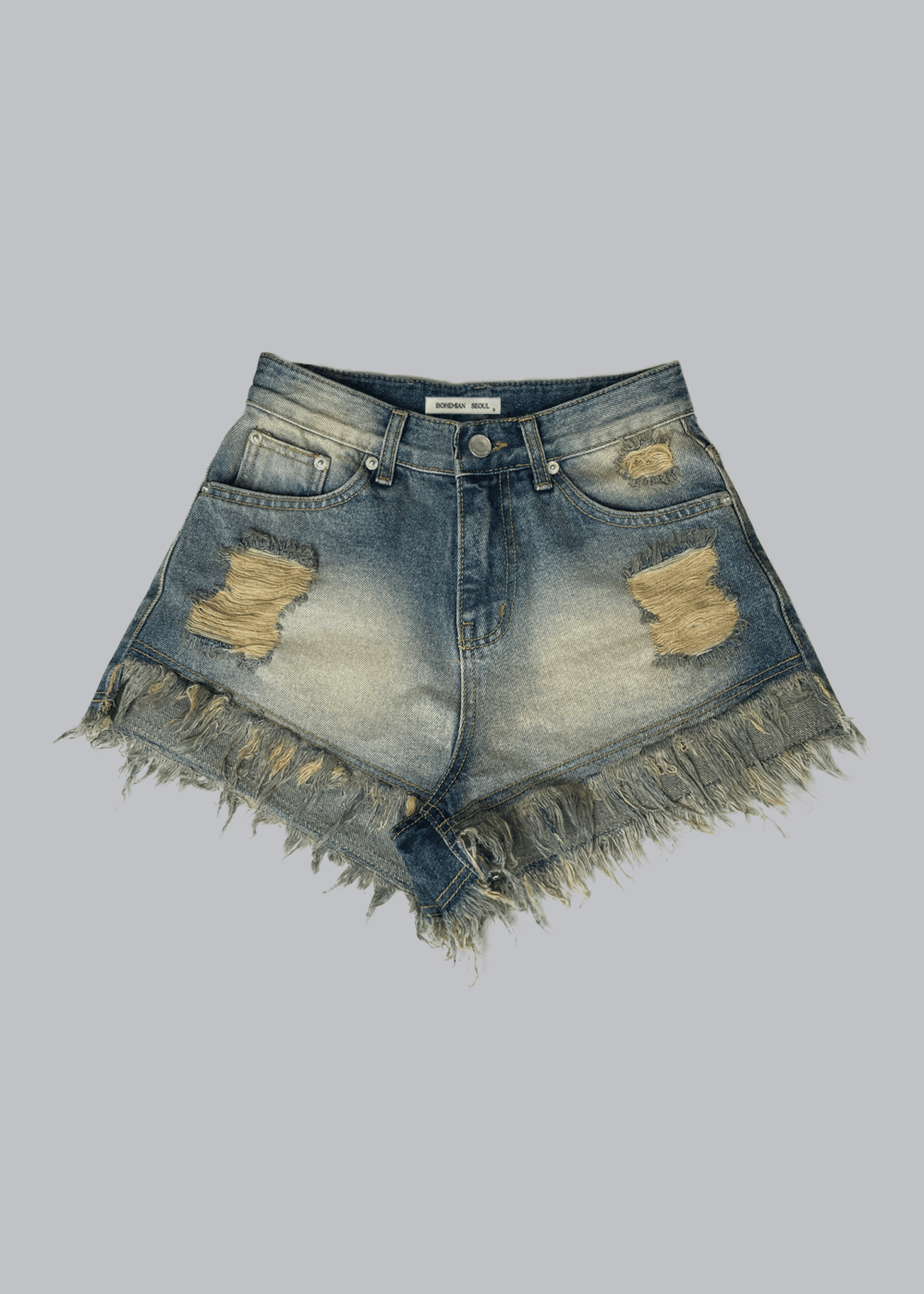 damage washing shorts in blue