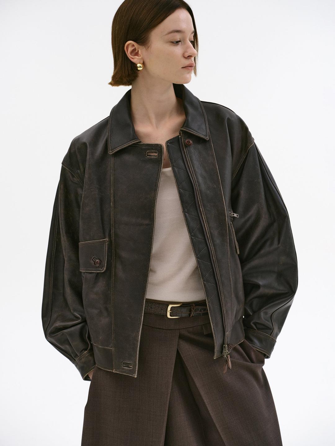 (Pre-order) Geva Faded Lambskin Bomber Jacket, Brown - One Size