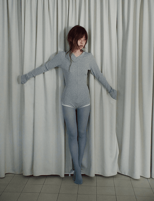 henley-neck cotton bodysuit in melange gray