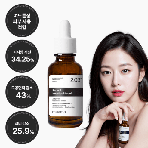 [누적100만개판매기념 쿠팡에서만선착순할인] [여드름 피지 모공 블랙헤드 잡티 색소침착 임상완료] 뮤아마 레티놀 어성초 2.03% 리페어 흔적 케어 앰플 1개 30ml, 30ml, 1개 - 에센스/세럼/앰플 | 쿠팡