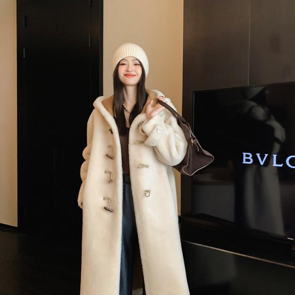 ZM Fur Toggle Button Lamb Fur Long Coat