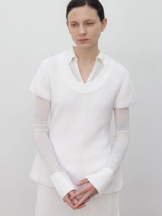 Korean paper yarn cap sleeve u neck pullover_White