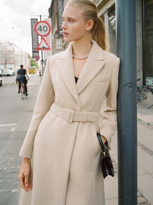 FAYE Double breasted belted cashmere blended coat (Beige)