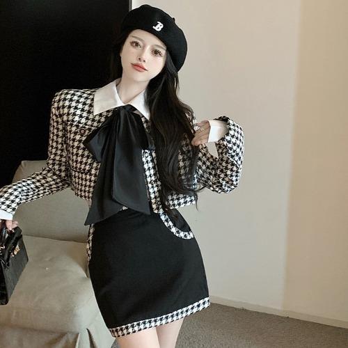 [가을신상/하객룩/세트상품] 블랙앤화이트 하운드투스 크롭 자켓 + 블랙 앤 하운드투스 미니스커트 + 심플 새틴 화이트 블라우스 쓰리피스 셋업 세트 데이트룩 여친룩 상견례 하객룩 하객코디 결혼식 데일리 피크닉 가을하객룩 가을자켓 가을투피스 연말룩 모임룩